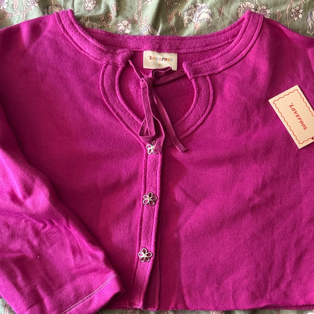 Pink Flower Button-Up Cardigan Cropped Top XL - Picture 2 of 4